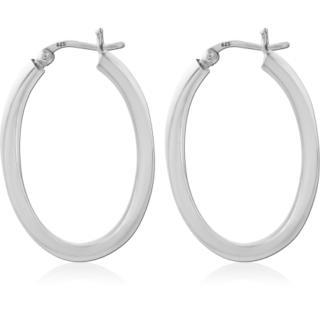 RHODIUM PLATED STERLING SILVER HOOP EARRINGS CLASSIC POLISHED OVAL