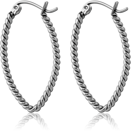 316L SURGICAL STEEL HOOP EARRINGS OVAL TWISTED ROPE TEXTURE POLISHED FINISH