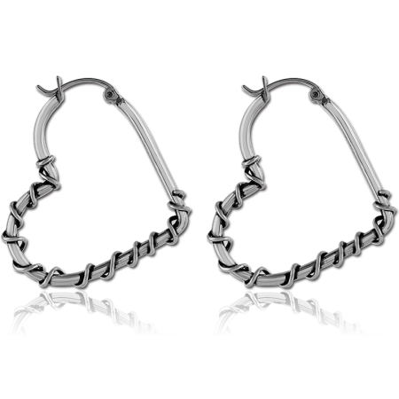 316L SURGICAL STEEL HEART HOOP EARRINGS WRAPPED WIRE DETAILING POLISHED FINISH
