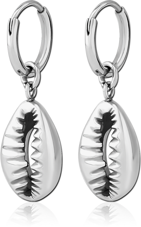 SURGICAL STEEL HOOP EARRINGS WITH COWRIE SHELL DROP CHARM DESIGN
