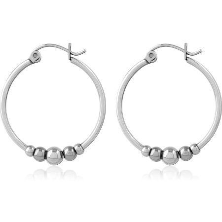 316L SURGICAL STEEL HOOP EARRINGS WITH THREE BEAD ACCENTS POLISHED FINISH
