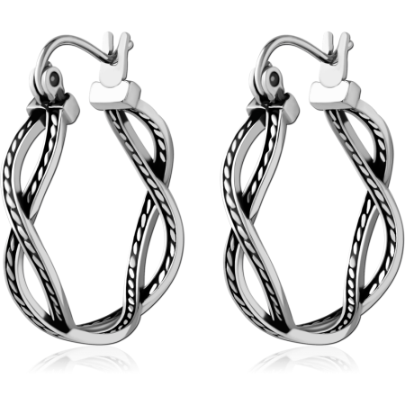 316L SURGICAL STEEL HOOP EARRINGS TWISTED DOUBLE BAND WITH ROPE AND DOT DETAILING