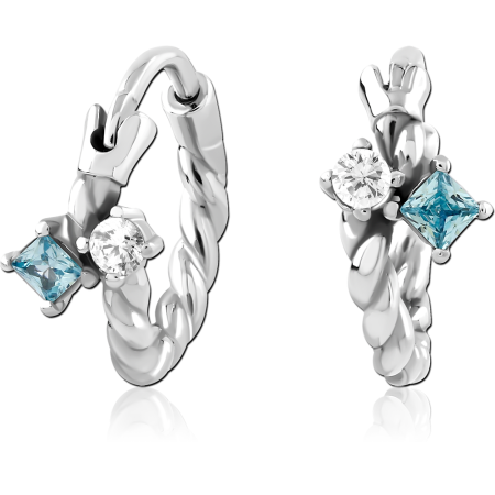 316L SURGICAL STEEL HOOP EARRINGS TWISTED ROPE WITH SQUARE BLUE AND ROUND CLEAR GEMS