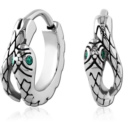 316L SURGICAL STEEL HOOP EARRINGS SNAKE HEAD SCALES WITH GREEN GEM EYES