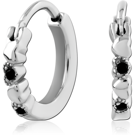 316L SURGICAL STEEL HOOP EARRINGS HEART ROW ACCENTS WITH BLACK GEMS