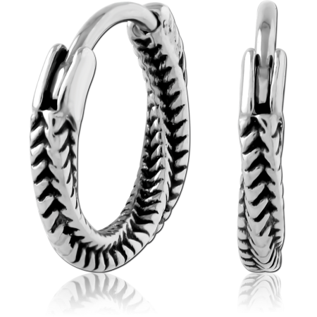 316L SURGICAL STEEL HOOP EARRINGS HERRINGBONE TEXTURE WITH BLACKENED DETAILING EDGE