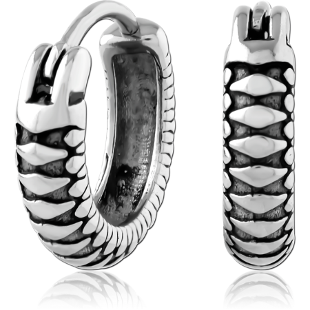 316L SURGICAL STEEL HOOP EARRINGS DIAMOND SCALE PATTERN WITH DARKENED DETAILING