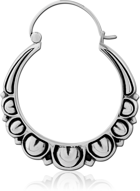 316L SURGICAL STEEL HOOP EARRING SCALLOPED CRESCENT PATTERN WITH OXIDIZED ACCENTS