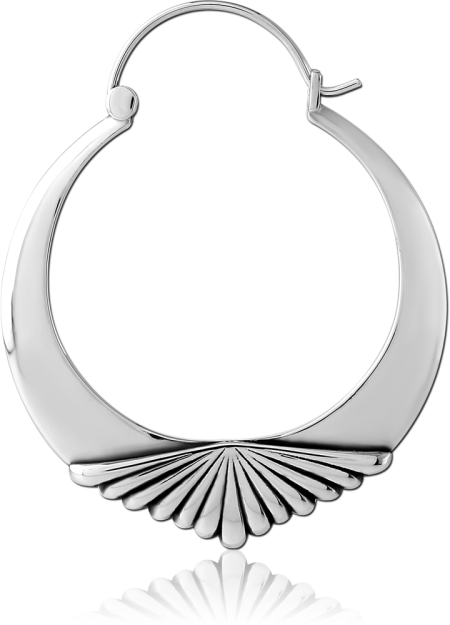316L SURGICAL STEEL HOOP EARRING CRESCENT WITH FAN SUNBURST DETAIL POLISHED FINISH