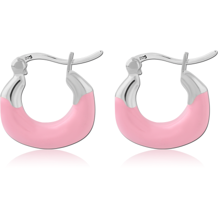 STERLING SILVER 925 HOOP EARRINGS PINK ENAMEL HALF DIPPED ROUNDED DESIGN