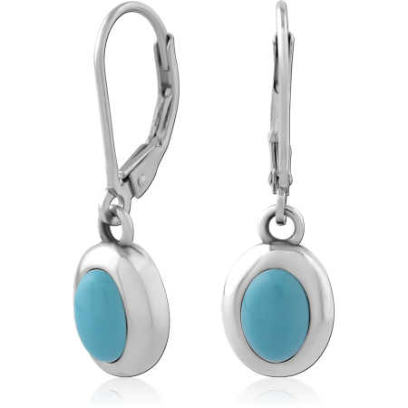 STERLING SILVER 925 LEVERBACK DROP EARRINGS OVAL BLUE CABOCHON BEZEL SET