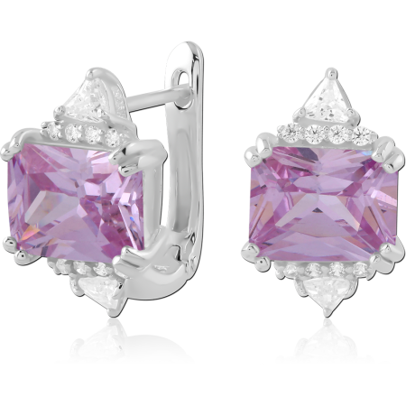 STERLING SILVER 925 STUD EARRINGS SQUARE PURPLE CENTER STONE WITH CLEAR ACCENTS