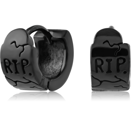 BLACK PVD COATED SURGICAL STEEL HUGGIE EARRINGS PAIR WITH TOMBSTONE CHARM