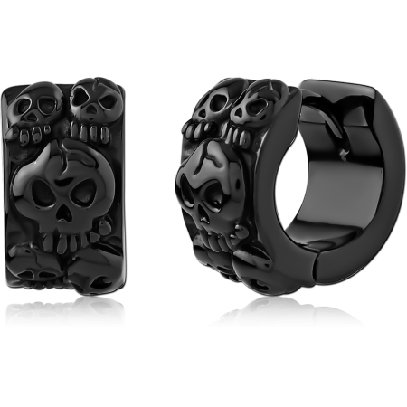 BLACK PVD COATED SURGICAL STEEL HUGGIE EARRINGS PAIR RAISED SKULL DESIGN