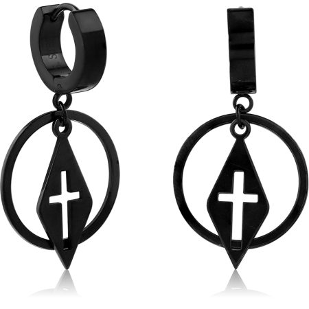 BLACK PVD COATED STAINLESS STEEL HUGGIES WITH CROSS CUTOUT DANGLING CHARM