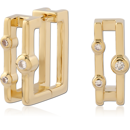 GOLD PLATED 14K STERLING SILVER 925 HUGGIES PAIR RECTANGULAR WITH THREE GEMS