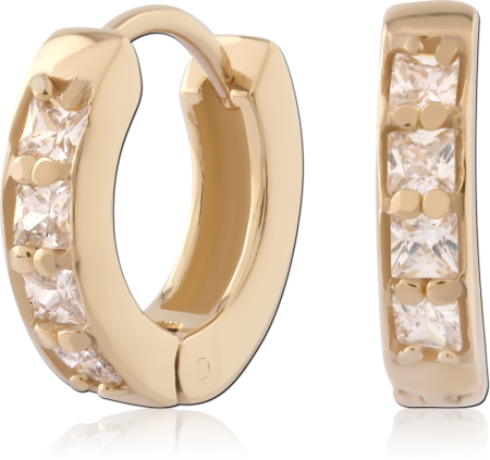 GOLD PVD 18K COATED SURGICAL STEEL HINGED HUGGIE EARRINGS PAIR PRINCESS CUT GEMS