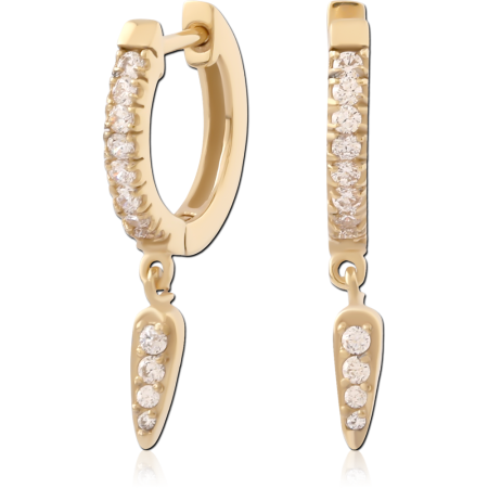 GOLD PVD 18K COATED SURGICAL STEEL HUGGIE EARRINGS PAVE FRONT WITH TEARDROP GEM CHARMS