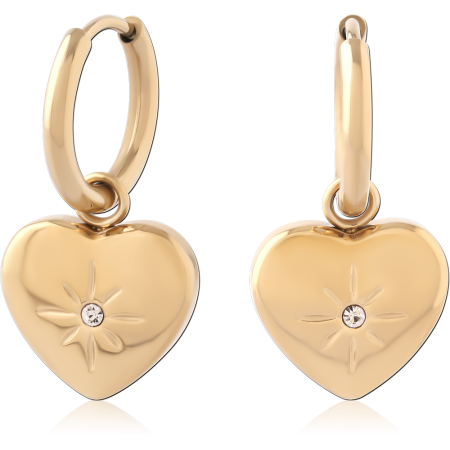 GOLD PVD 18K COATED SURGICAL STEEL HUGGIE EARRINGS WITH STARBURST HEART CHARM