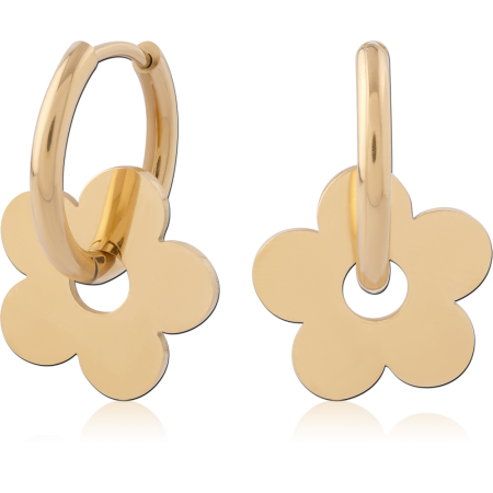 GOLD PVD 18K COATED SURGICAL STEEL HUGGIE EARRINGS WITH FLOWER CHARM