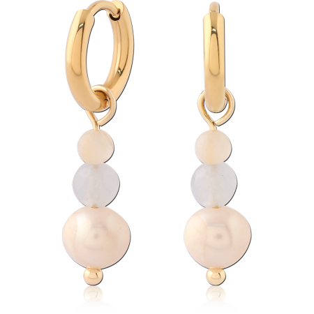 GOLD PVD 18K COATED SURGICAL STEEL HUGGIE EARRINGS WITH BEAD TRIO CHARM