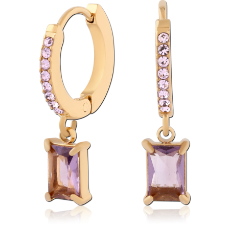 GOLD PVD 18K COATED SURGICAL STEEL HUGGIE EARRINGS PAVE WITH RECTANGLE GEM CHARM