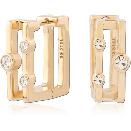 316L GOLD PVD 18K COATED SURGICAL STEEL HUGGIES RECTANGLE TRIPLE CRYSTAL PAIR