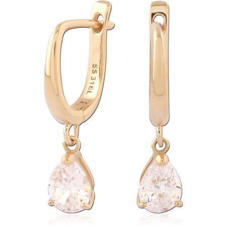 316L GOLD PVD 18K COATED SURGICAL STEEL HUGGIES WITH PEAR CRYSTAL CHARM PAIR