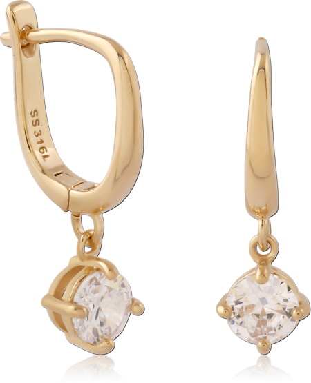 316L GOLD PVD 18K COATED SURGICAL STEEL HUGGIES WITH ROUND CRYSTAL CHARM PAIR