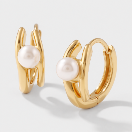 GOLD PVD 18K COATED SURGICAL STEEL HUGGIES EARRINGS DOUBLE BAND PEARL