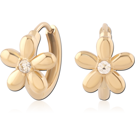 316L GOLD PVD 18K COATED SURGICAL STEEL HUGGIES FLOWER FRONT CLEAR CENTER GEM