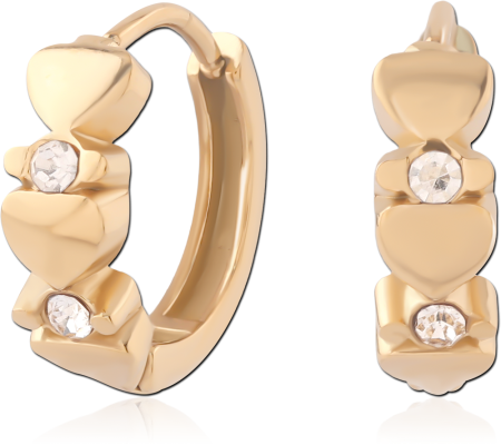 316L GOLD PVD 18K COATED SURGICAL STEEL HUGGIES STACKED HEARTS CLEAR GEMS