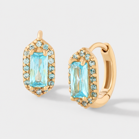 GOLD PVD 18K COATED SURGICAL STEEL HUGGIES EARRINGS WITH BLUE BAGUETTE HALO GEM