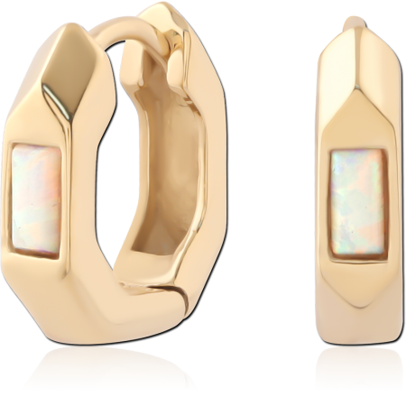 18K GOLD PVD COATED 316L SURGICAL STEEL HUGGIES PAIR RECTANGULAR OPAL INLAY
