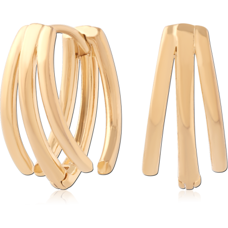 GOLD PVD 18K COATED SURGICAL STEEL HUGGIE EARRINGS TRIPLE BAR OPENWORK