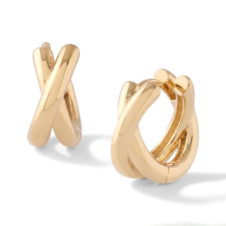 GOLD PVD 18K COATED SURGICAL STEEL HUGGIE EARRINGS CROSSOVER X DESIGN