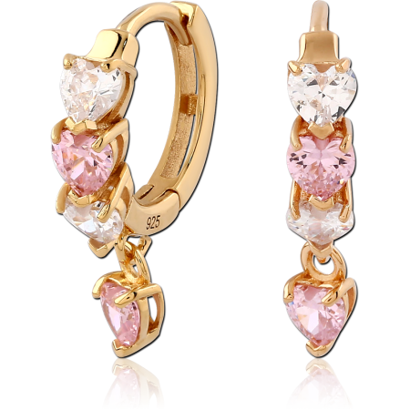 GOLD PLATED 18K STERLING SILVER 925 HUGGIE EARRINGS ALTERNATING HEART GEMS WITH PINK HEART CHARM