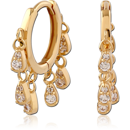 GOLD PLATED 18K STERLING SILVER 925 HUGGIE EARRINGS CLEAR GEMS WITH TEARDROP CHARMS