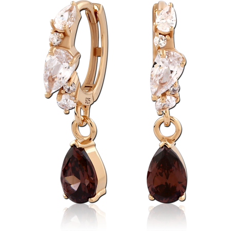 GOLD PLATED 18K STERLING SILVER 925 HUGGIE EARRINGS MARQUISE CLEAR GEMS WITH RED TEARDROP CHARM