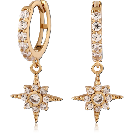 GOLD PLATED 18K STERLING SILVER 925 HUGGIE EARRINGS PAVE CLEAR GEMS WITH STARBURST CHARM