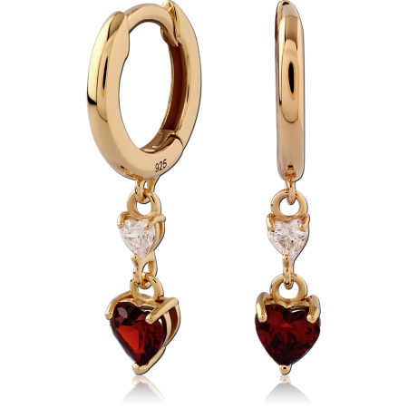 GOLD PLATED 18K STERLING SILVER 925 HUGGIES DOUBLE HEART GEM DANGLE RED AND CLEAR