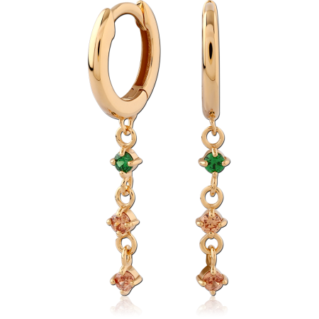 GOLD PLATED 18K STERLING SILVER 925 HUGGIES MULTI GEM DANGLE GREEN AND PINK