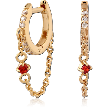 GOLD PLATED 18K STERLING SILVER 925 HUGGIES PAVE GEM AND CHAIN WITH RED CHARM