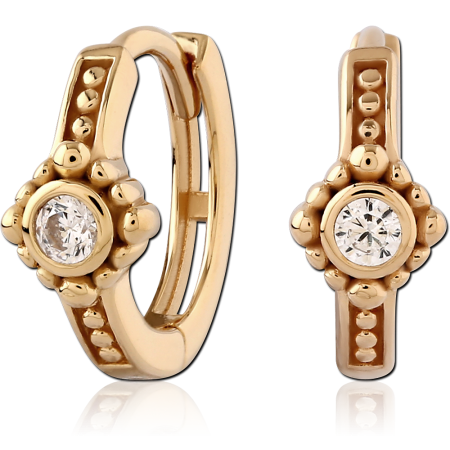 GOLD PLATED 18K STERLING SILVER 925 HUGGIES BEADED BEZEL CLEAR GEM