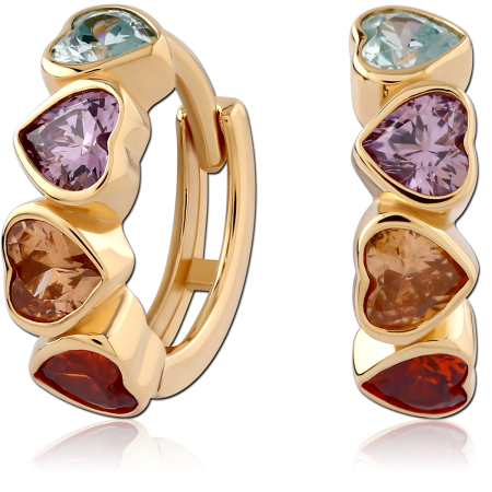 GOLD PLATED 18K STERLING SILVER 925 HUGGIES MULTICOLOR HEART GEM ROW