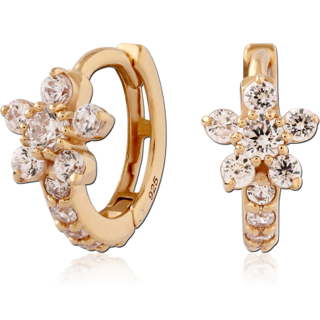 GOLD PLATED 18K STERLING SILVER 925 HUGGIES FLOWER CLUSTER AND PAVE GEMS