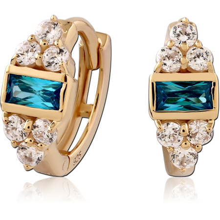 GOLD PLATED 18K STERLING SILVER 925 HUGGIES BAGUETTE BLUE GEM WITH CLEAR CLUSTER