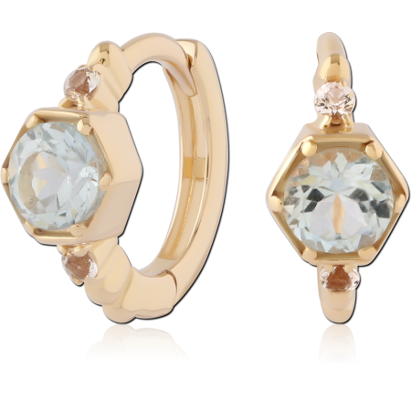 GOLD PLATED 18K STERLING SILVER 925 HUGGIES HEXAGON BEZEL LIGHT BLUE GEM
