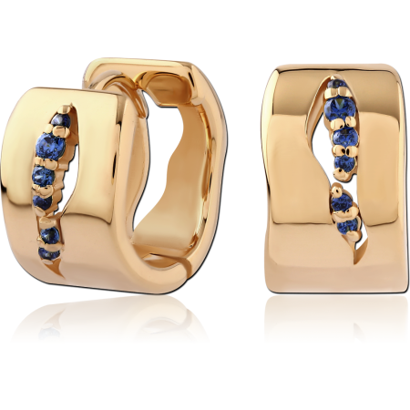 GOLD PLATED 18K STERLING SILVER 925 HUGGIES WIDE HOOP BLUE GEM WAVE CHANNEL
