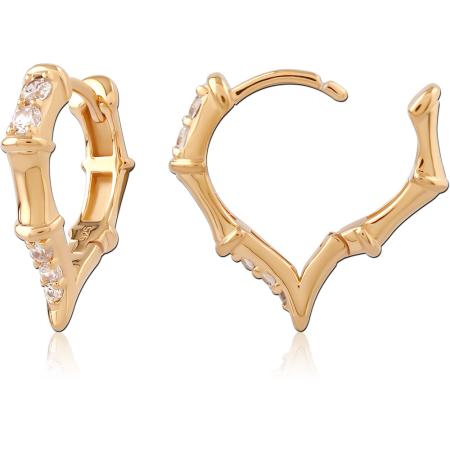 GOLD PLATED 18K STERLING SILVER 925 HUGGIES BAMBOO HEART HOOP CLEAR GEMS